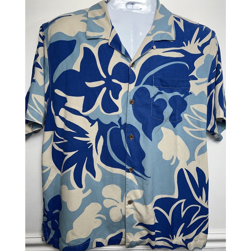 Tommy Bahama Mens L 100% Silk Shirt Floral S/S Polo Hawaiian Blue Beach